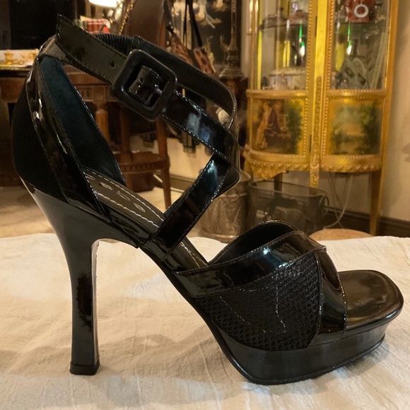 Bebe Black Leather Strappy Sandals Stiletto Heels Size 8 "Fetish" - Picture 4 of 7
